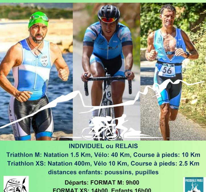 Affiche avec explicatif détaillé de l'évènement du Triathlon du Niolu sur fond vert